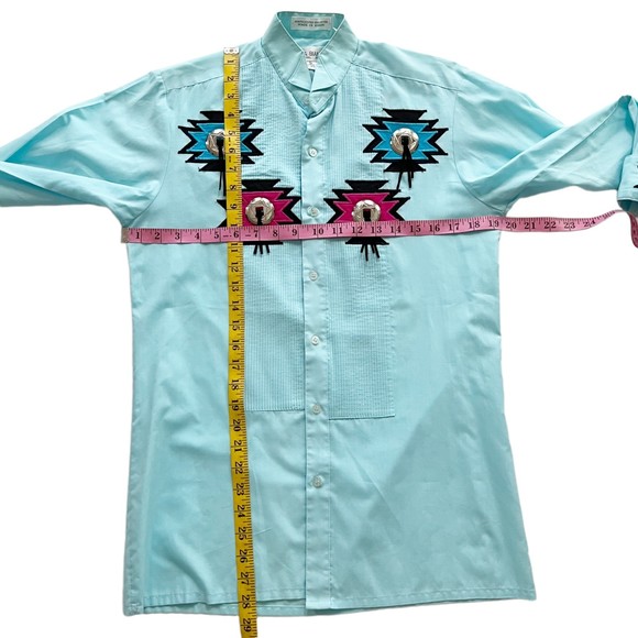 Vtg Moda Bianco Western Button Down Shirt Tuxedo Embroidered Concho Teal Sz S - Picture 9 of 12